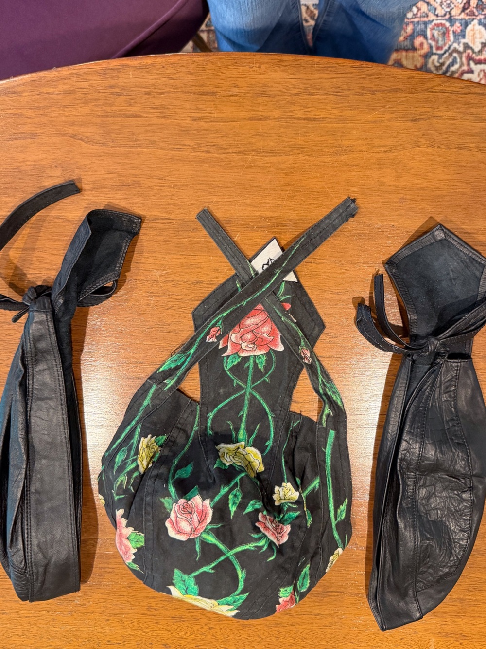 Source Unknown Black Floral Drawstring Bag with Rose Embroidery